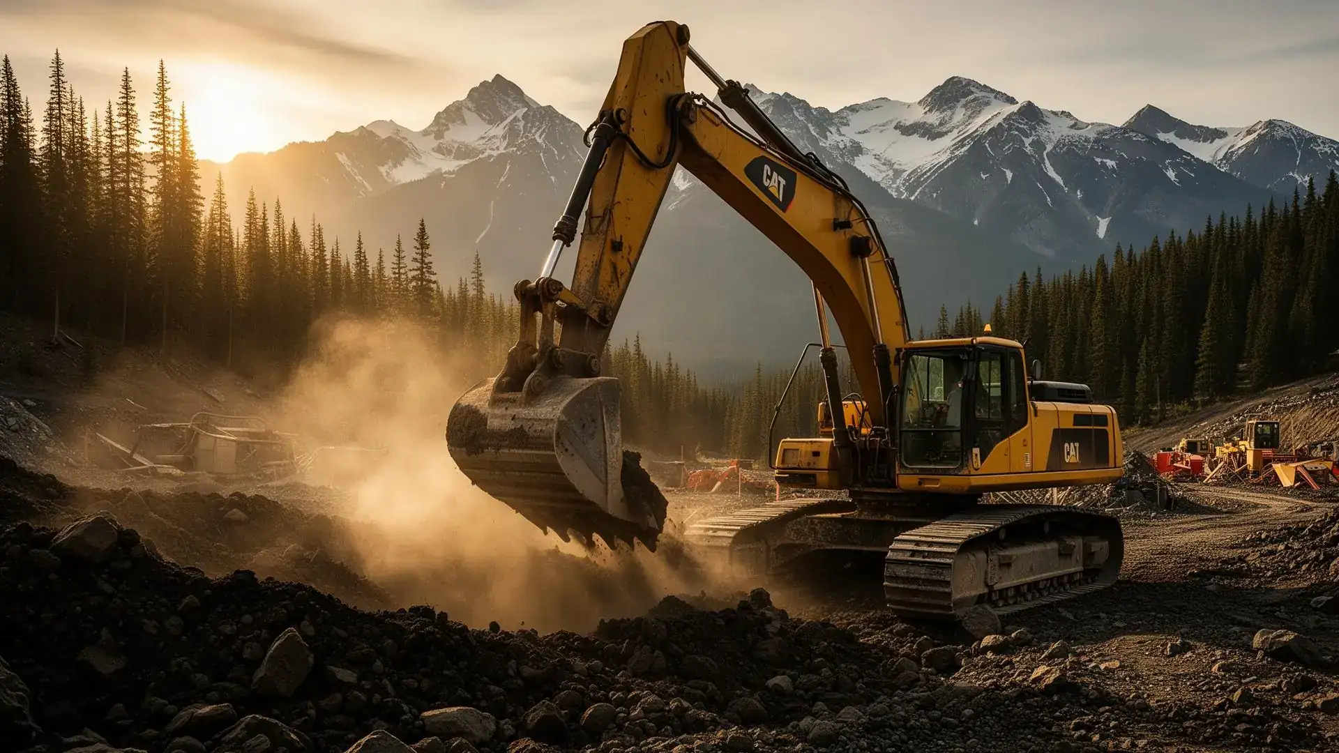 Excavator working on a mountain site at golden hour in Idaho